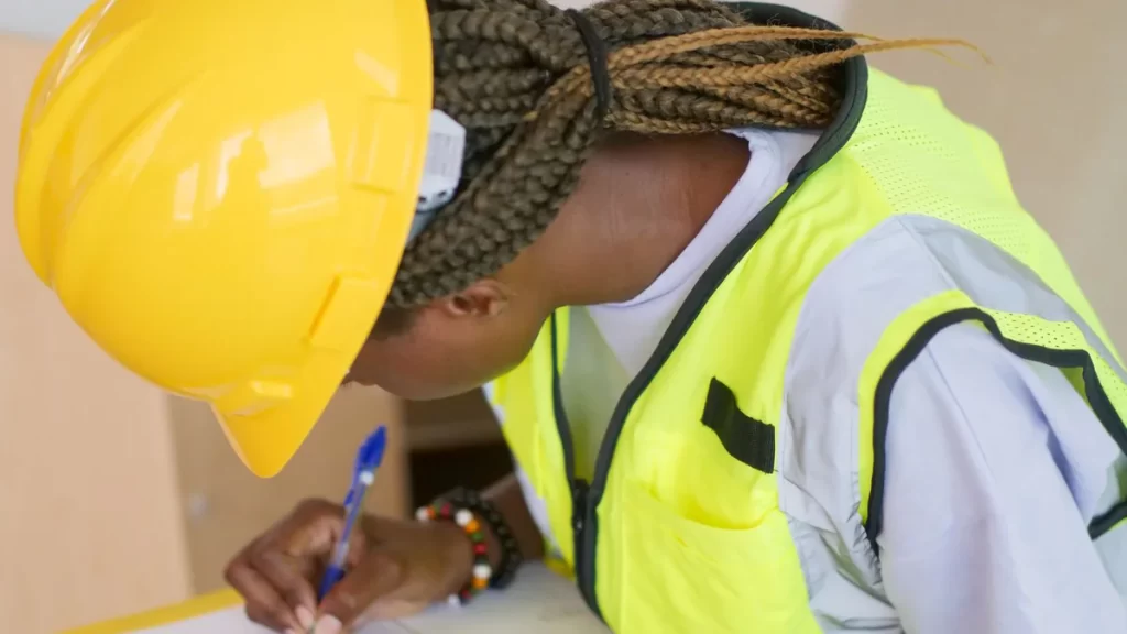 Técnica con casco y chaleco anotando una comprobación preventiva