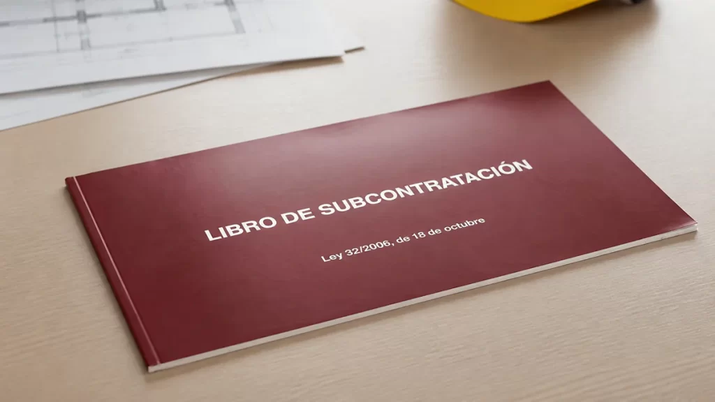 Libro de subcontratación granate, fino y apaisado sobre una mesa de oficina de obra