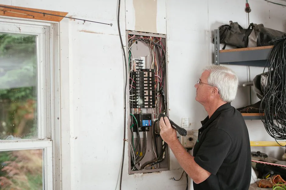 Instalador comprobando un cuadro eléctrico de baja tensión