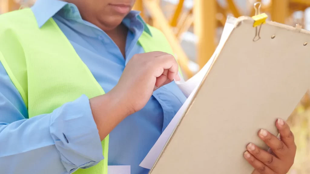 Profesional de la construcción revisando documentación en una obra