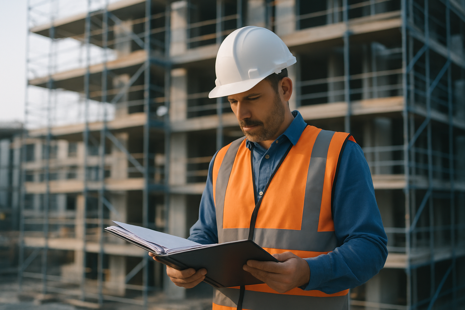 Jefe de obra revisando documentación junto a una obra de construcción