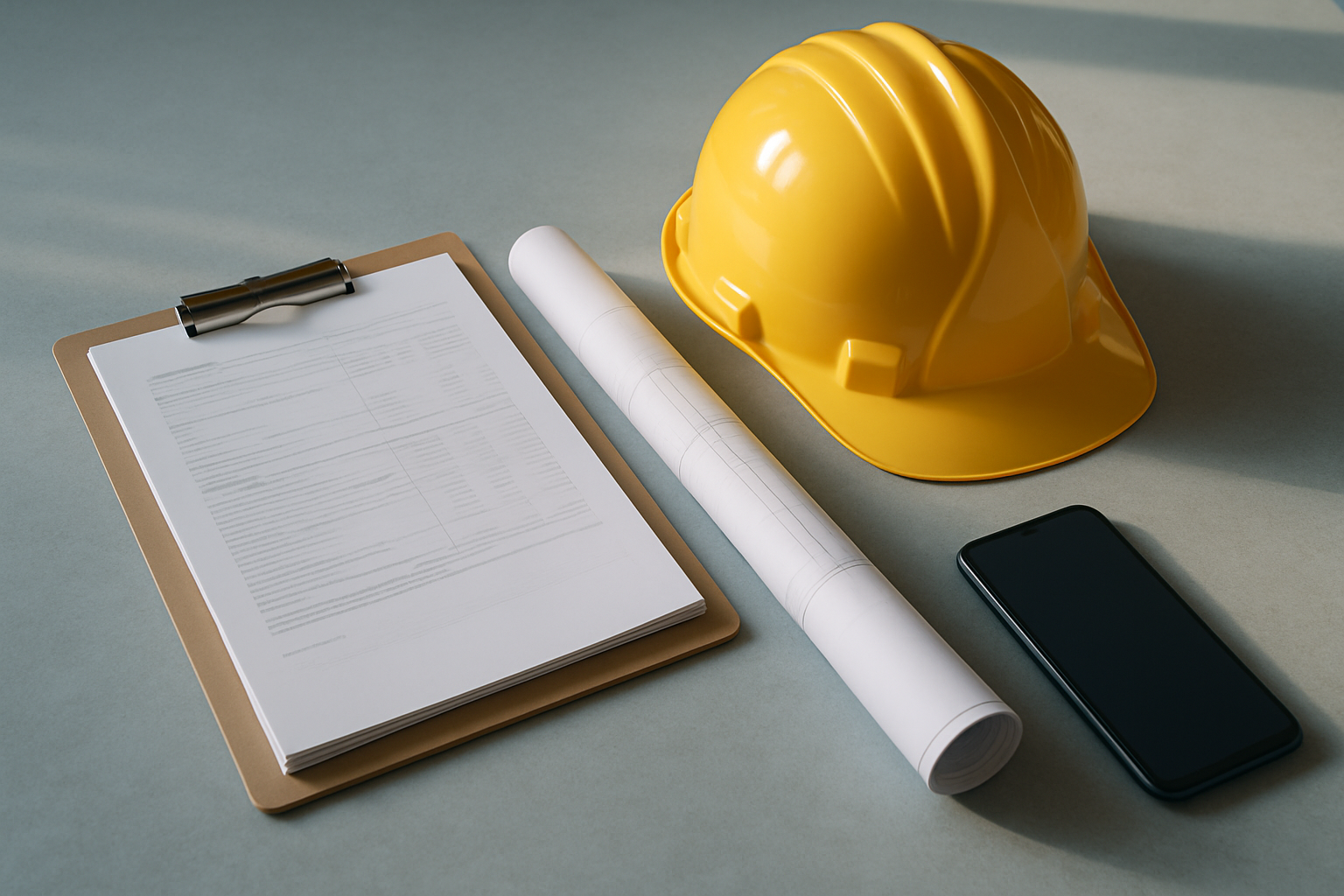 Documentación y casco de obra sobre una mesa, preparados para un trámite oficial